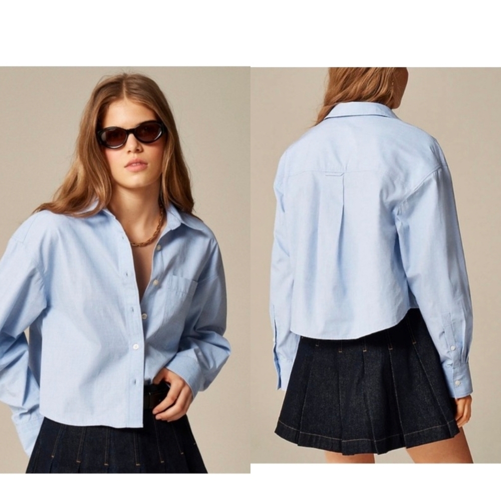 Abercrombie Oversized Cropped Poplin Dress Shirt NEW Womens Medium Blue White - Picture 2 of 11